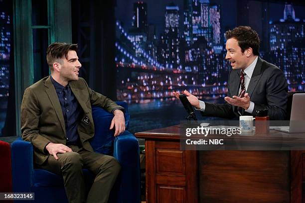 Episode 831 -- Pictured: Zachary Quinto with host Jimmy Fallon during an interview on May 8, 2013 --