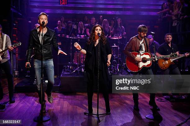 Episode 831 -- Pictured: Musical guests Charles Kelley, Hillary Scott, Dave Haywood of Lady Antebellum perform on May 8, 2013 --