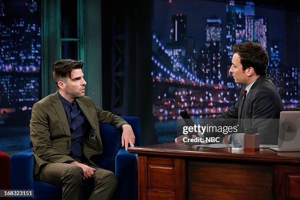 Episode 831 -- Pictured: Zachary Quinto with host Jimmy Fallon during an interview on May 8, 2013 --