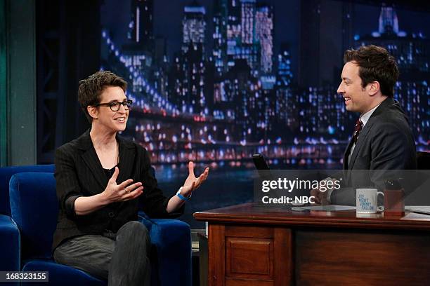 Episode 831 -- Pictured: Rachel Maddow with host Jimmy Fallon during an interview on May 8, 2013 --