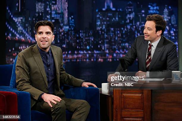 Episode 831 -- Pictured: Zachary Quinto with host Jimmy Fallon during an interview on May 8, 2013 --