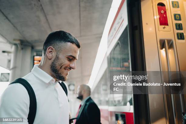 Filip Kostic of Juventus during the team travel to Reggio Emilia ahead of the Serie A match with Sassuolo on September 22, 2023 in Reggio...