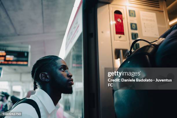 Samuel Iling of Juventus during the team travel to Reggio Emilia ahead of the Serie A match with Sassuolo on September 22, 2023 in Reggio...