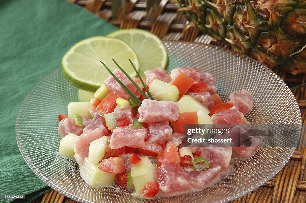 Poussin cru or raw fish with pineapple