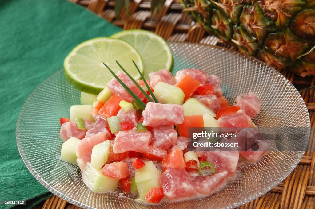 Poussin cru or raw fish with pineapple