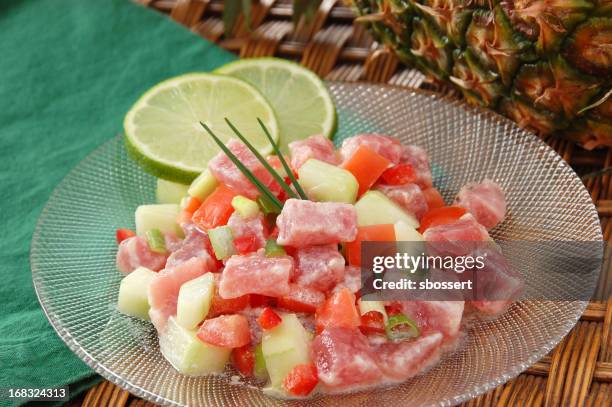 poussin cru or raw fish with pineapple - pics of tahiti stock pictures, royalty-free photos & images