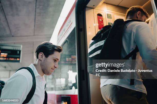 Federico Chiesa of Juventus during the team travel to Reggio Emilia ahead of the Serie A match with Sassuolo on September 22, 2023 in Reggio...