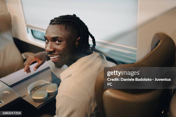 Moise Kean of Juventus during the team travel to Reggio Emilia ahead of the Serie A match with Sassuolo on September 22, 2023 in Reggio nell'Emilia,...