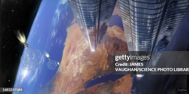apartment towers in earth orbit, illustration - construction in progress stock illustrations