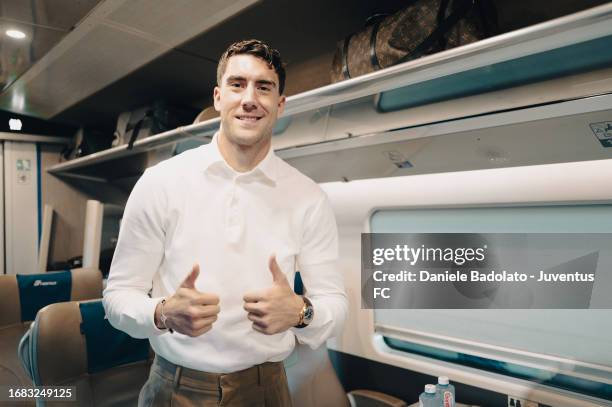Dusan Vlahovic of Juventus during the team travel to Reggio Emilia ahead of the Serie A match with Sassuolo on September 22, 2023 in Reggio...