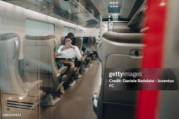 Manuel Locatelli of Juventus during the team travel to Reggio Emilia ahead of the Serie A match with Sassuolo on September 22, 2023 in Reggio...