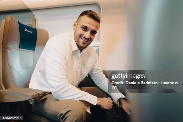 Federico Gatti of Juventus during the team travel to Reggio Emilia ahead of the Serie A match with Sassuolo on September 22, 2023 in Reggio...