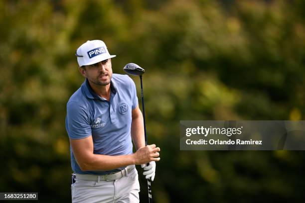 Scott Harrington of the United States watches his shot on the sixth tee during the second round of the Fortinet Championship at Silverado Resort and...