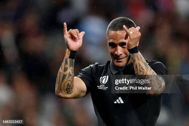 Aaron Smith of New Zealand gestures at full-time following the Rugby World Cup France 2023 match between New Zealand and Namibia at Stadium de...