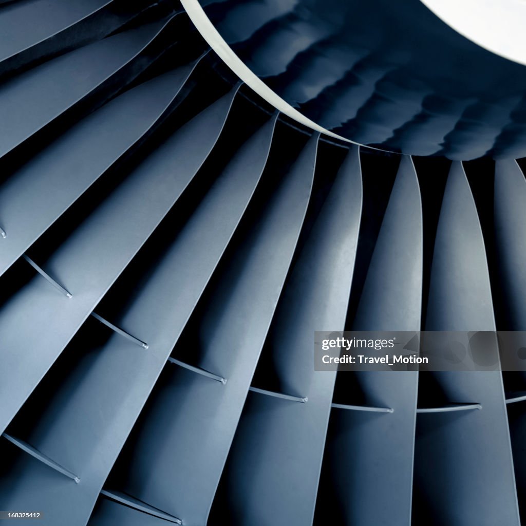 Front view close-up of aircraft jet engine turbine