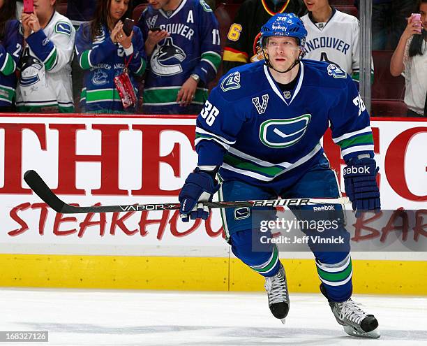 Jannik Hansen of the Vancouver Canucks skates up ice during their NHL game against the Detroit Red Wings at Rogers Arena April 20, 2013 in Vancouver,...