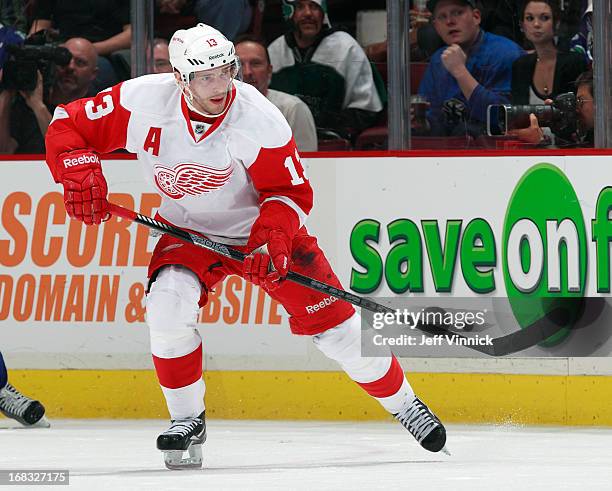 Pavel Datsyuk of the Detroit Red Wings skates up ice during their NHL game against the Vancouver Canucks at Rogers Arena April 20, 2013 in Vancouver,...