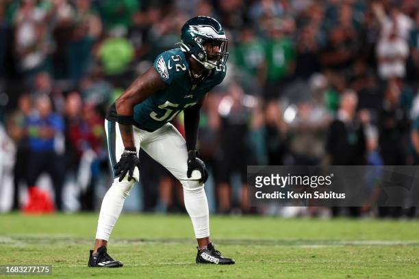 Zach Cunningham of the Philadelphia Eagles lines up before a play during an NFL football game against the Minnesota Vikings at Lincoln Financial...