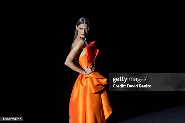 Model walks the runway at the Hannibal Laguna fashion show during the Mercedes Benz Fashion Week Madrid at Ifema on September 15, 2023 in Madrid,...