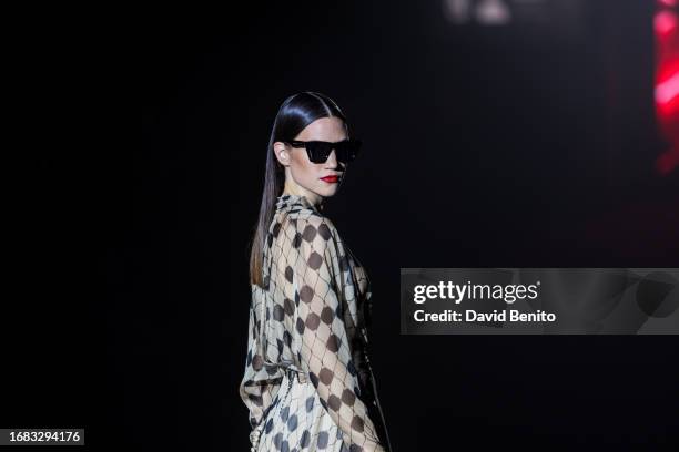 Model walks the runway at the Hannibal Laguna fashion show during the Mercedes Benz Fashion Week Madrid at Ifema on September 15, 2023 in Madrid,...