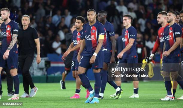 Captain, Kylian Mbappe of Paris Saint-Germain is disappointed with teammates after the defeat during the Ligue 1 Uber Eats match between Paris...