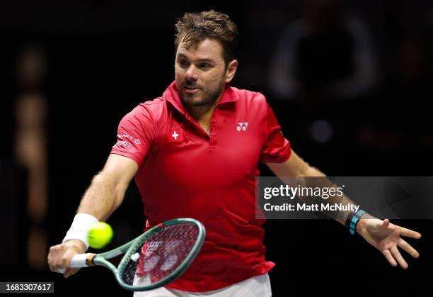 Stan Wawrinka of Team Switzerland plays a backhand during the Davis Cup Finals Group Stage at AO Arena on September 15, 2023 in Manchester, England.