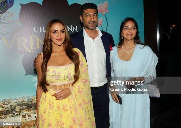 Esha Deol, Vaibhav Vohra and Ahana Deol attend the book launch for "Chal Mann Vrindavan" on September 15, 2023 in Mumbai, India