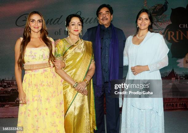 Esha Deol, Hema Malini, Shatrughan Sinha and Ahana Deol attend the book launch for "Chal Mann Vrindavan" on September 15, 2023 in Mumbai, India