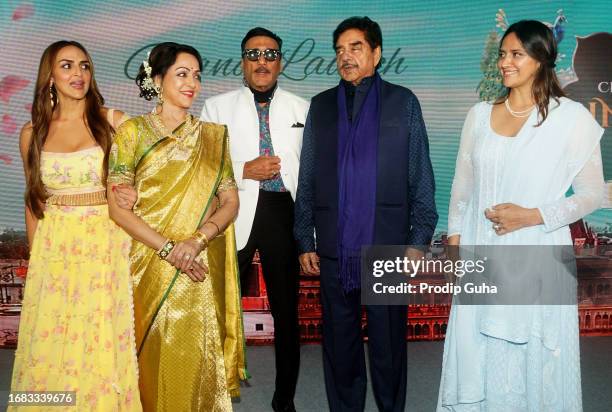 Esha Deol, Hema Malini,Jackie Shroff, Shatrughan Sinha and Ahana Deol attend the book launch for "Chal Mann Vrindavan" on September 15, 2023 in...