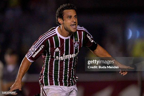 Fred of Fluminense celebrates a scored goal against Emelec during the match between Fluminense and Emelec as part of Libertadores Cup 2013 at Sao...