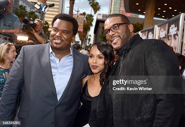 Actors Craig Robinson, Kerry Washington, and Producer Tyler Perry arrive at the premiere of "Peeples" presented by Lionsgate Film and Tyler Perry at...