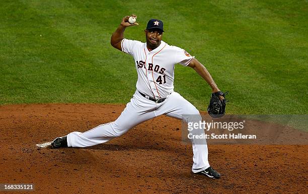 Jose Veras of the Houston Astros throws a pitch in the ninth inning against the Los Angeles Angels of Anaheim at Minute Maid Park on May 8, 2013 in...