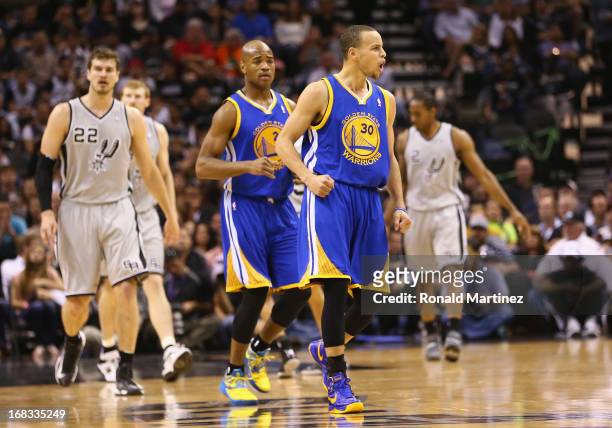 Stephen Curry of the Golden State Warriors reacts against the San Antonio Spurs during Game Two of the Western Conference Semifinals of the 2013 NBA...