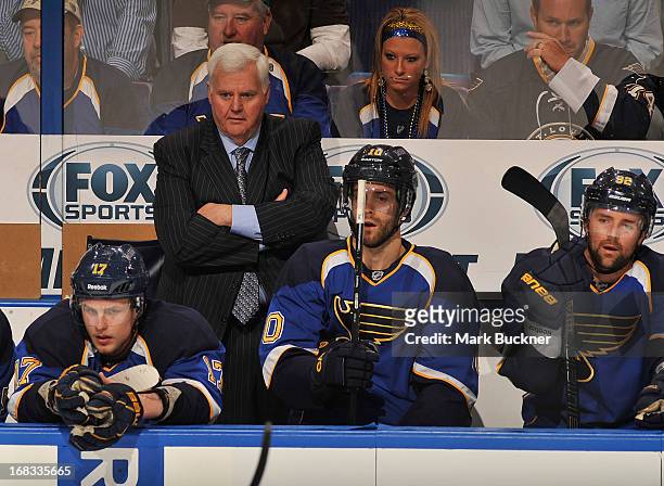 Coach Ken Hitchcock of the St. Louis Blues looks on as his team plays the Los Angeles Kings in Game Five of the Western Conference Quarterfinals...
