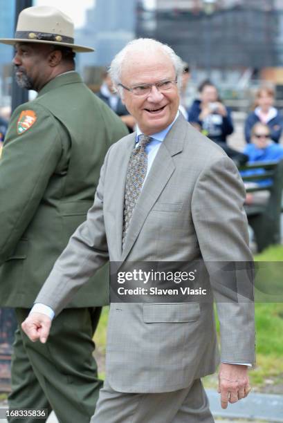 King Carl XVI Gustaf of Sweden visits The Castle Clinton National Monument at Battery Park on May 8, 2013 in New York City.