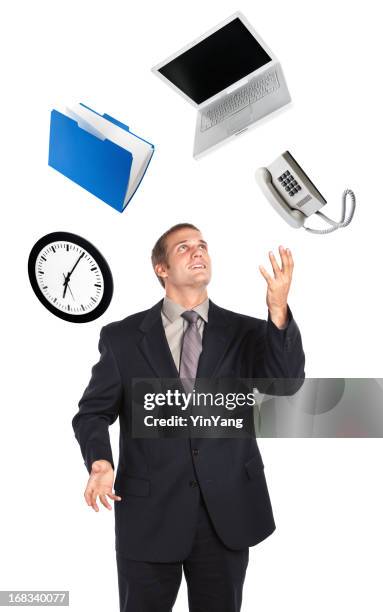 busy businessman juggling business time multi-tasking on white background - multitasking juggling stock pictures, royalty-free photos & images