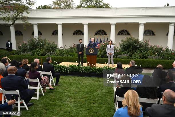 President Joe Biden, with Vice President Kamala Harris and US Representative Maxwell Frost , Democrat of Florida, announces the White House Office of...