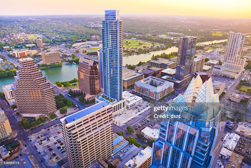 Austin Texas skyscrapers skyline aerial at sunset from helicopter