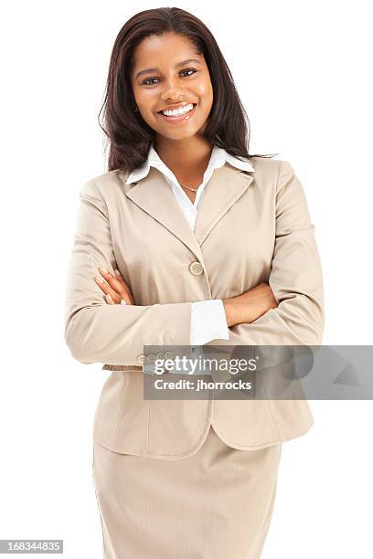 alegre joven empresaria afroamericana confianza - traje beige fotografías e imágenes de stock