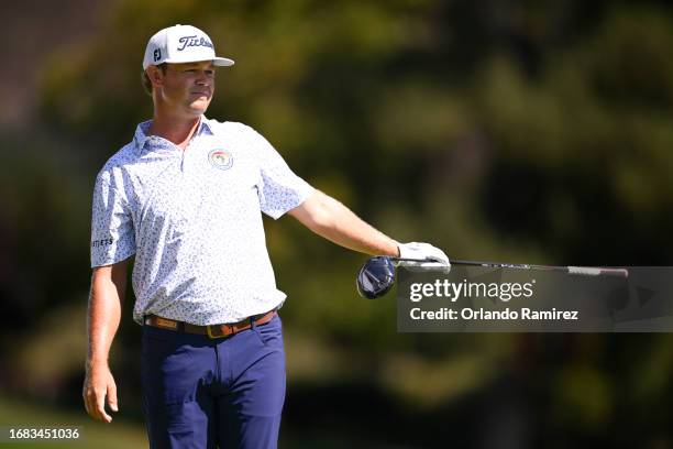 Patton Kizzire of the United States reacts to his shot from the 15th tee during the second round of the Fortinet Championship at Silverado Resort and...