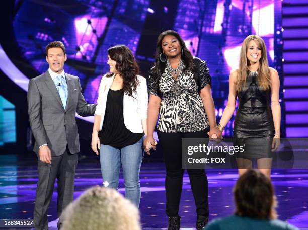 Host Ryan Seacrest and contestants Kree Harrison, Candice Glover and Angie Miller onstage at FOX's "American Idol" Season 12 Top 3 Live Performance...