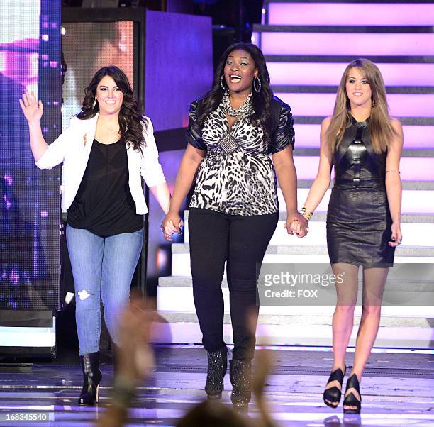 Contestants Kree Harrison , Candice Glover and Angie Miller onstage at FOX's "American Idol" Season 12 Top 3 Live Performance Show on May 8, 2013 in...