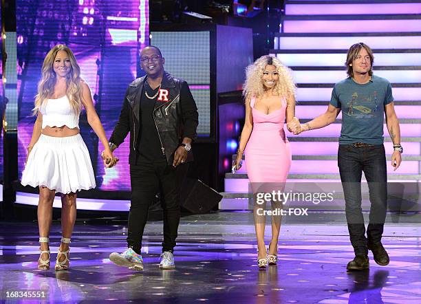 Judges Mariah Carey, Randy Jackson, Nicki Minaj and Keith Urban onstage at FOX's "American Idol" Season 12 Top 3 Live Performance Show on May 8, 2013...