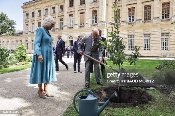 Britain's King Charles III plants a Loquat Leaf Oak tree next to Britain's Queen Camilla and Bordeaux's Mayor Pierre Hurmic at The Bordeaux's Hotel...