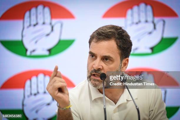 Rahul Gandhi, Senior Congress leader addressing a press conference at AICC Headquarters on September 22, 2023 in New Delhi, India. Rahul Gandhi on...