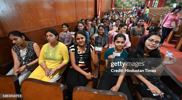 Students stand in queue to cast their votes for DUSU University student's union elections, at Miranda college North Campus, on September 22, 2023 in...