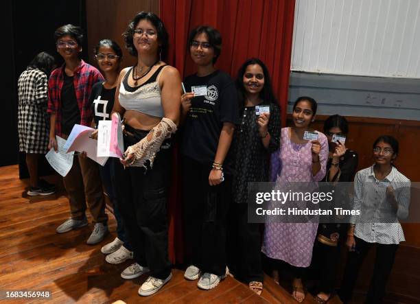 Students stand in queue to cast their votes for DUSU University student's union elections, at Miranda college North Campus, on September 22, 2023 in...