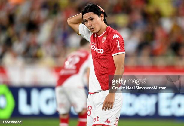 Takumi Minamino of AS Monaco looks dejected during the Ligue 1 Uber Eats match between AS Monaco and OGC Nice at Stade Louis II on September 22, 2023...