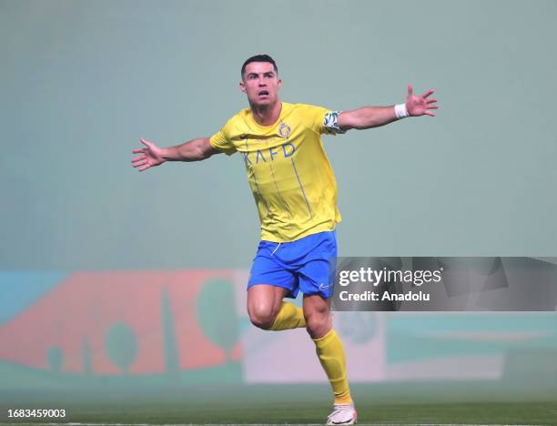 Cristiano Ronaldo of Al-Nassr celebrates after scoring a goal during Saudi Pro League week 7 match between Al Nassr and Al Ahli at Alawwal Park...
