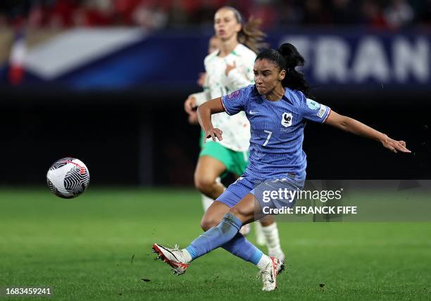 France's defender Sakina Karchaoui kicks the ball during the UEFA Women's Nations League football match between France and Portugal at the Hainaut...